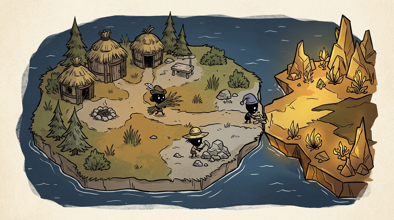 A jagged land docked against the rounded home island, tinted amber; three friends harvesting