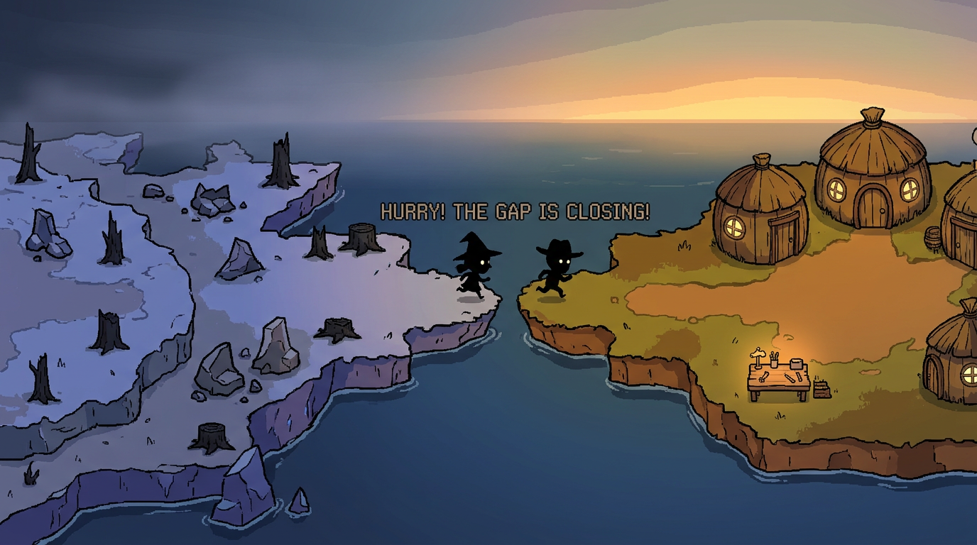 The land drifting away tinted blue-violet, harvested stumps left behind, players hurrying home