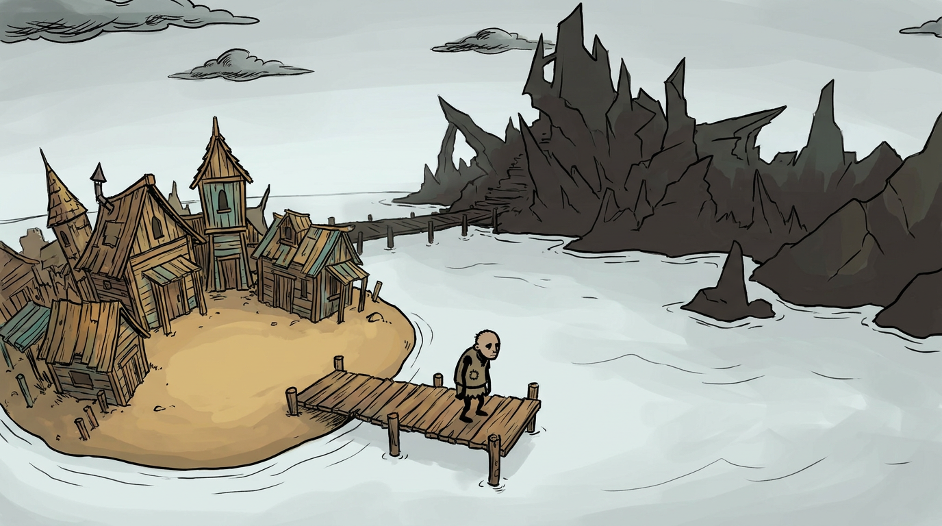 Lone returning player on the pier facing the newly docked dark landmass, home slightly desaturated