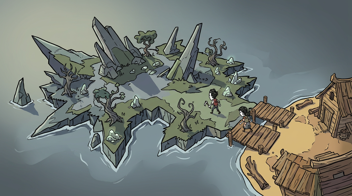 Jagged spired drift land docked at the home pier, two explorers, cool-neutral vs warm home