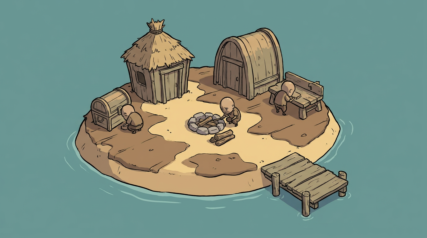 Rounded home island, hut / chest / workbench / fire pit / pier, three friends at chores, three-hue warm-neutral