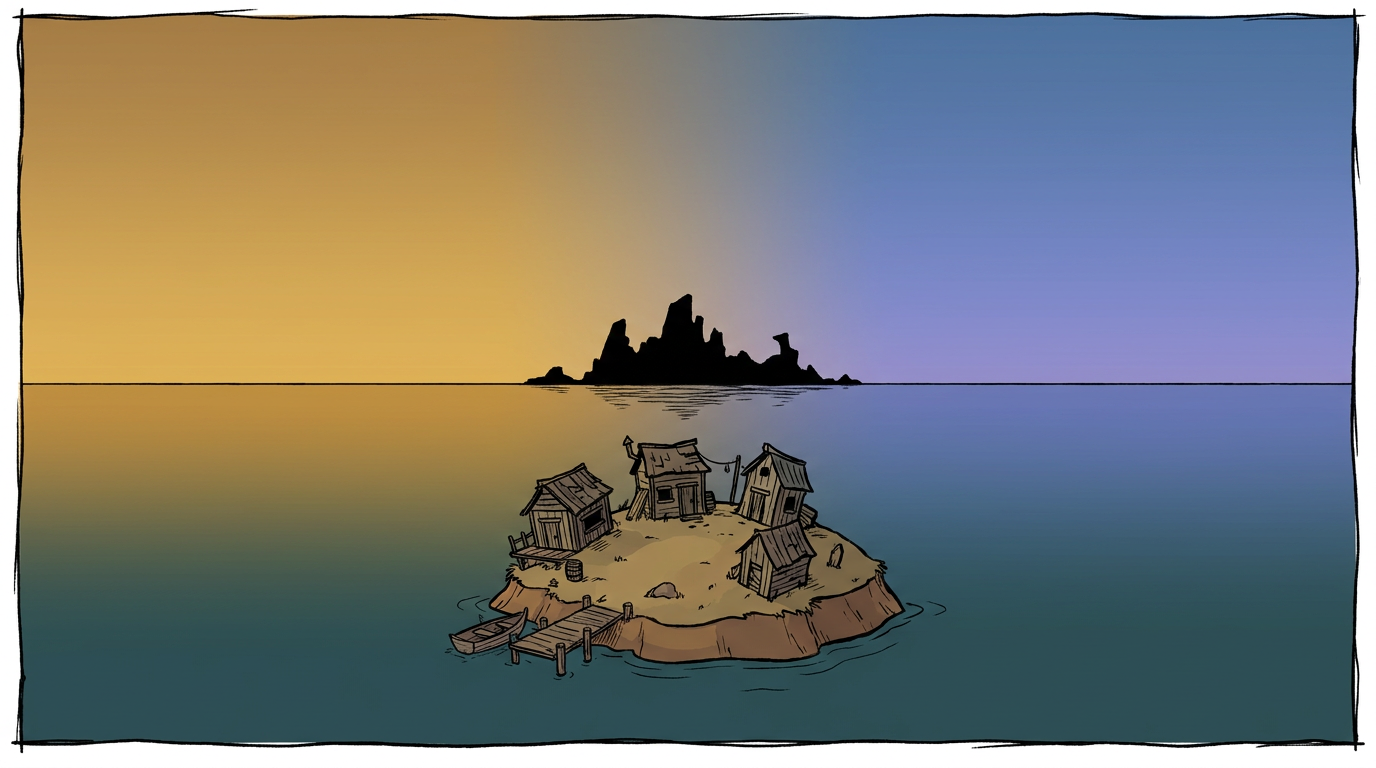 Amber-to-violet horizon split over the home island, drift land silhouetted mid-transition, empty upper third for a logo